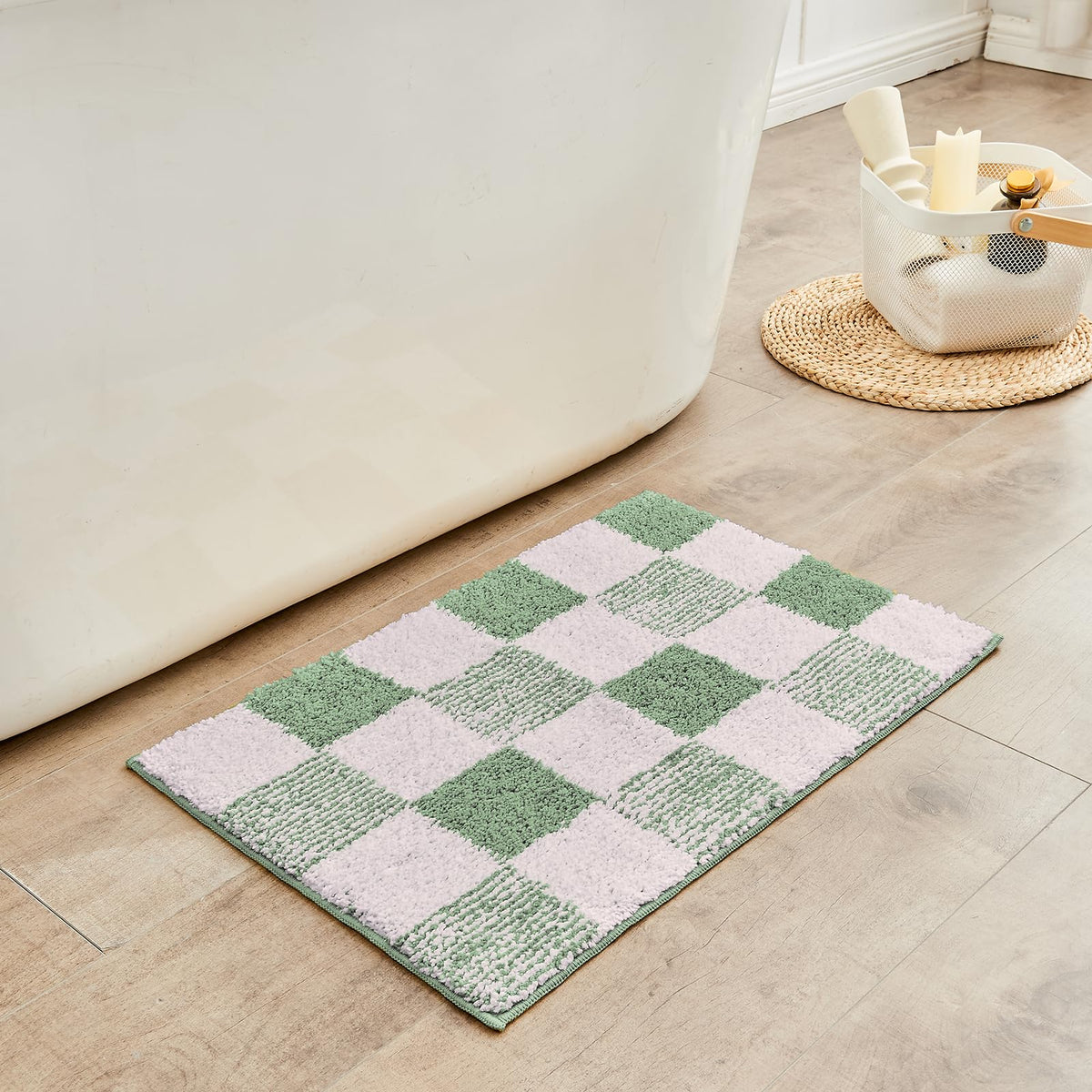 CozeCube front view of sage green checkered mat adds style and comfort