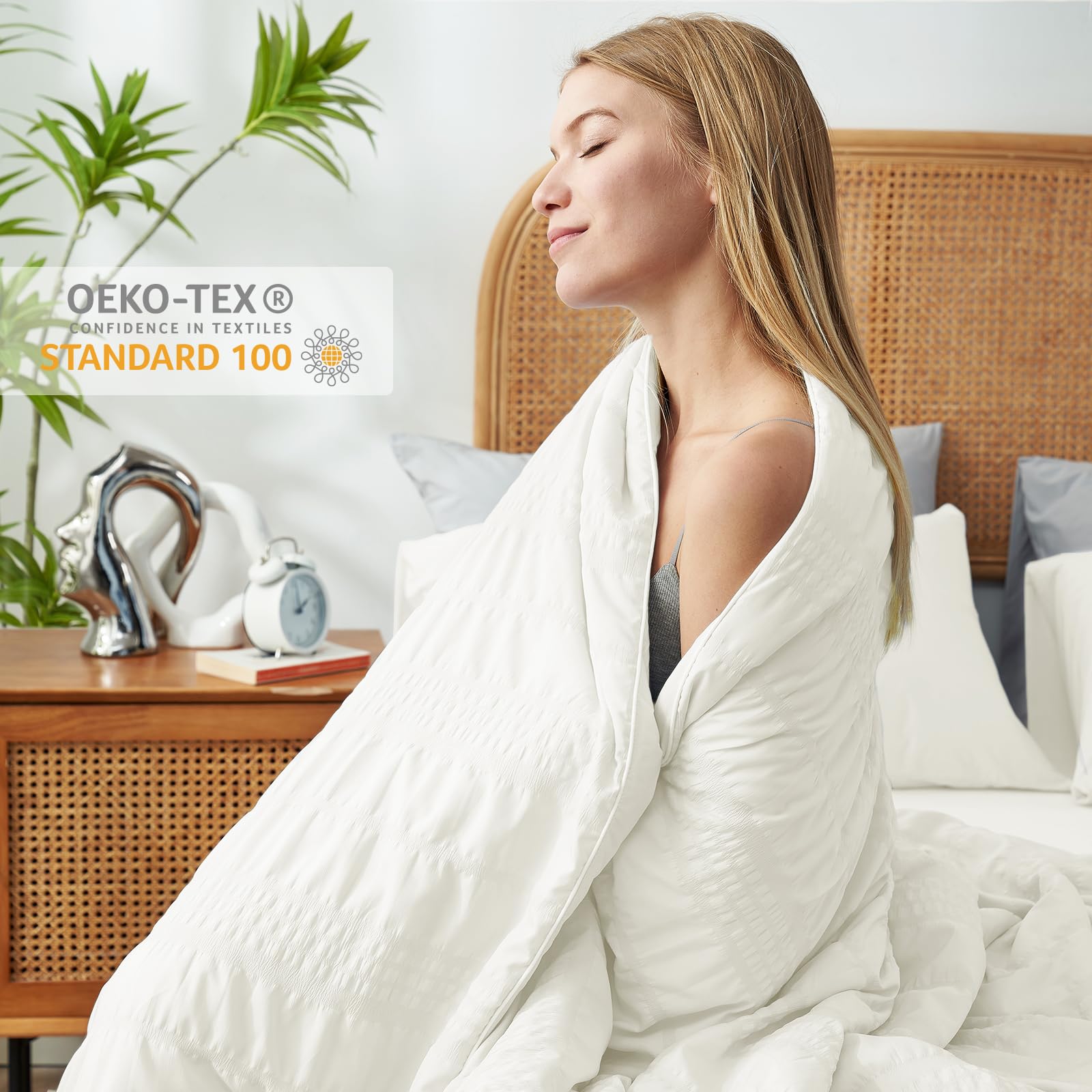 Cozy Bliss styled bedroom with comforter demonstrating cool, airy look