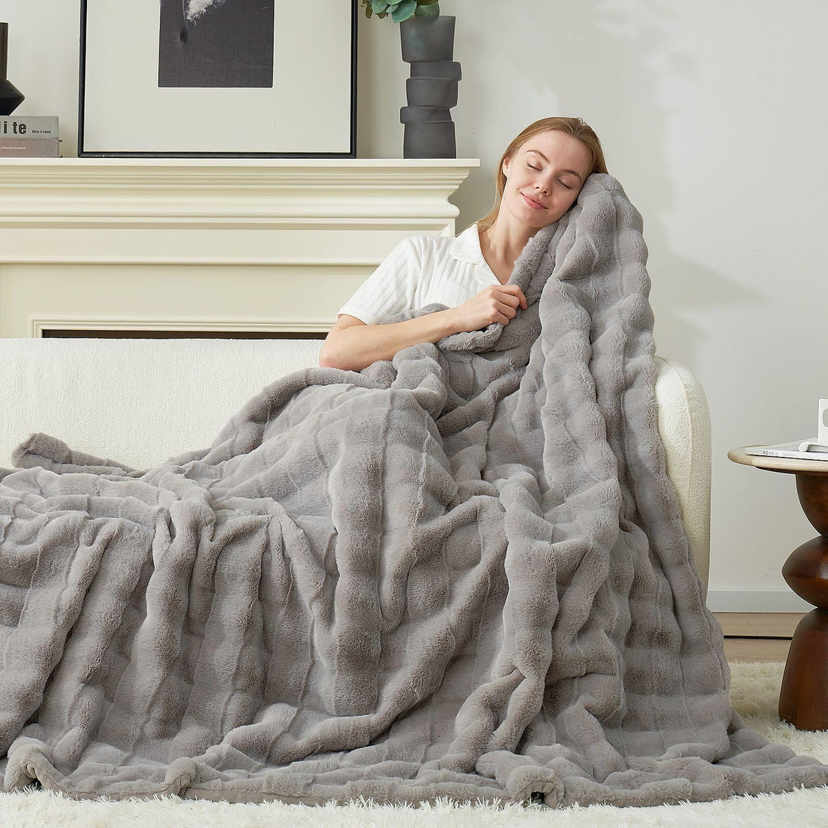 Cozy Bliss front folded throw showing plush grey pile and cozy appeal