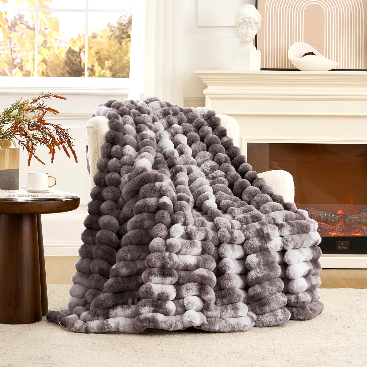 Cozy Bliss front folded throw showing tie-dye grey and cozy appeal
