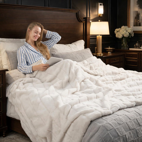Cozy Bliss front packaging showing beige throw, attractive gift-ready presentation