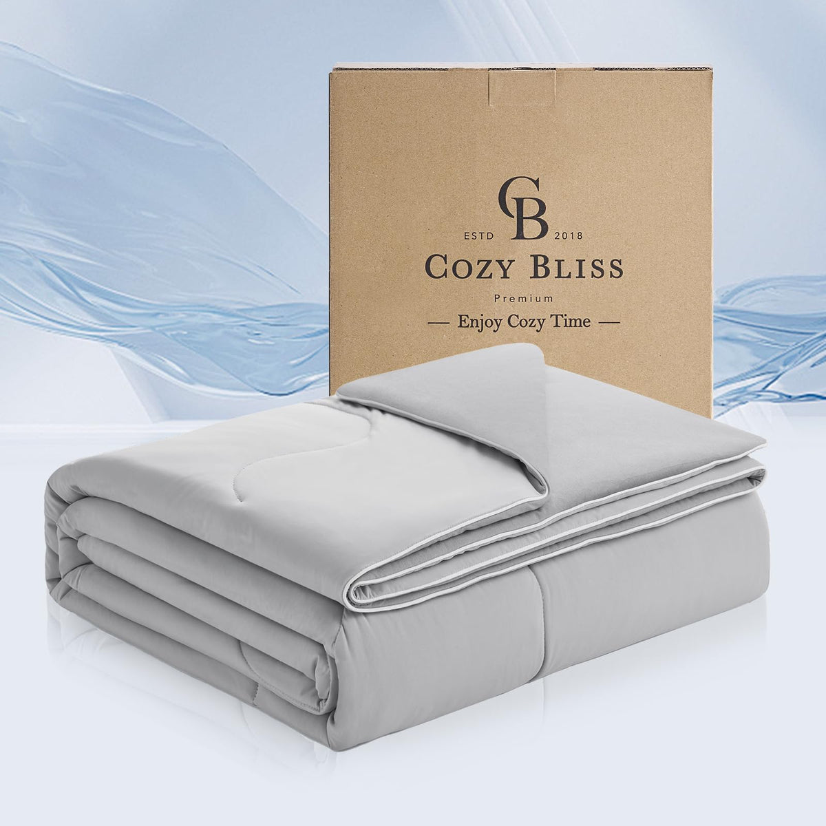 Cozy Bliss front packaging cool grey showing reversible cooling comforter benefit