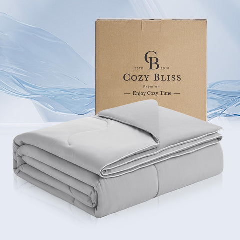Cozy Bliss front packaging cool grey showing reversible cooling comforter benefit