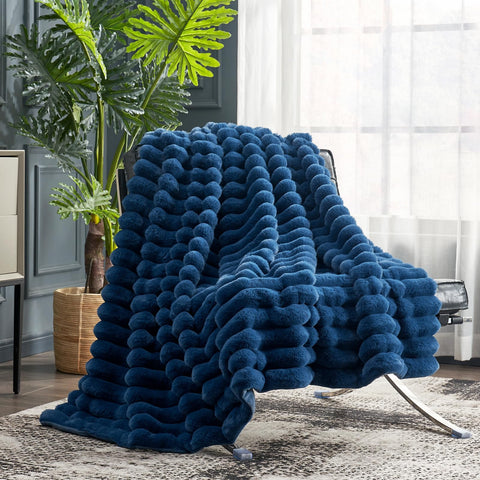 Cozy Bliss navy throw front view showing plush striped design and visual appeal