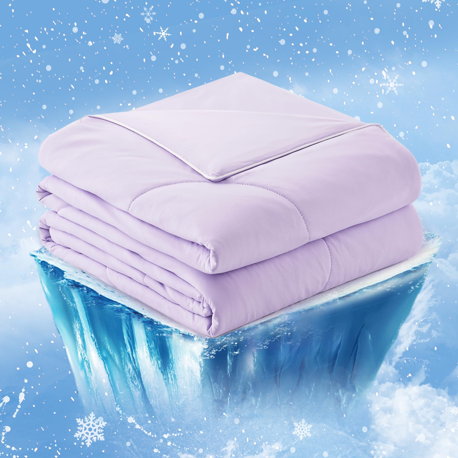 Cozy Bliss front view showing purple comforter and queen fit benefits cooling