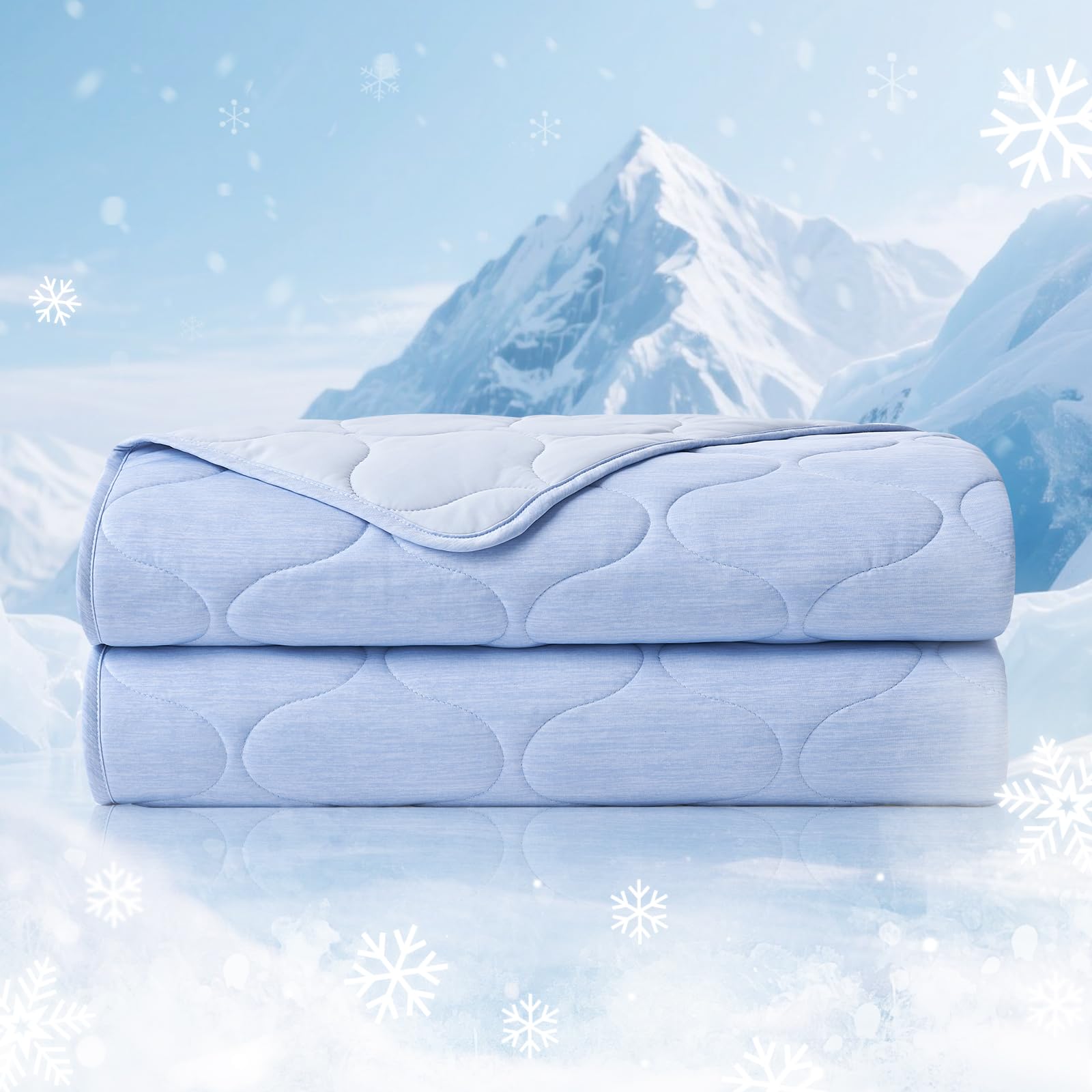 Cozy Bliss front view cool blue blanket showing size and neat edges, breathable comfort