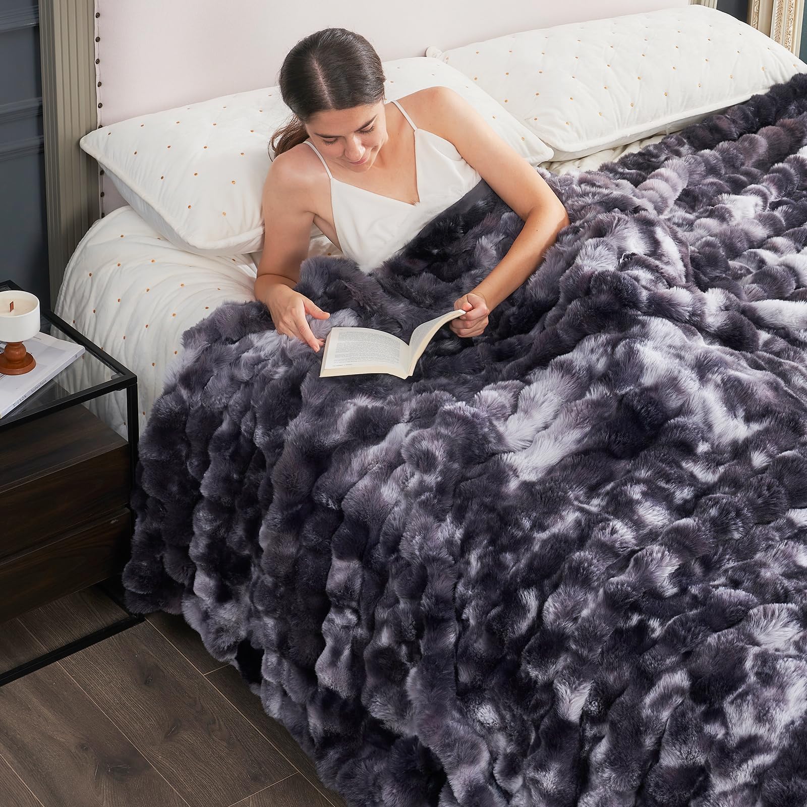 Cozy Bliss front view tie-dye black throw showing plush decorative layering