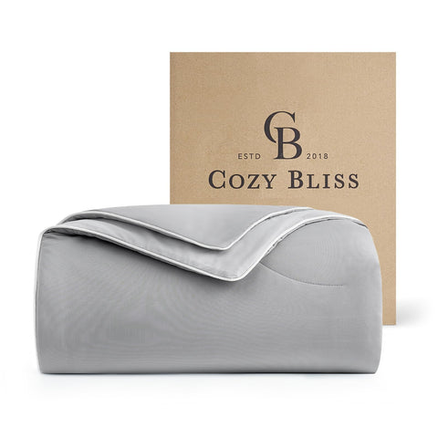 Cozy Bliss king comforter front view showing cool grey finish and breathable benefit