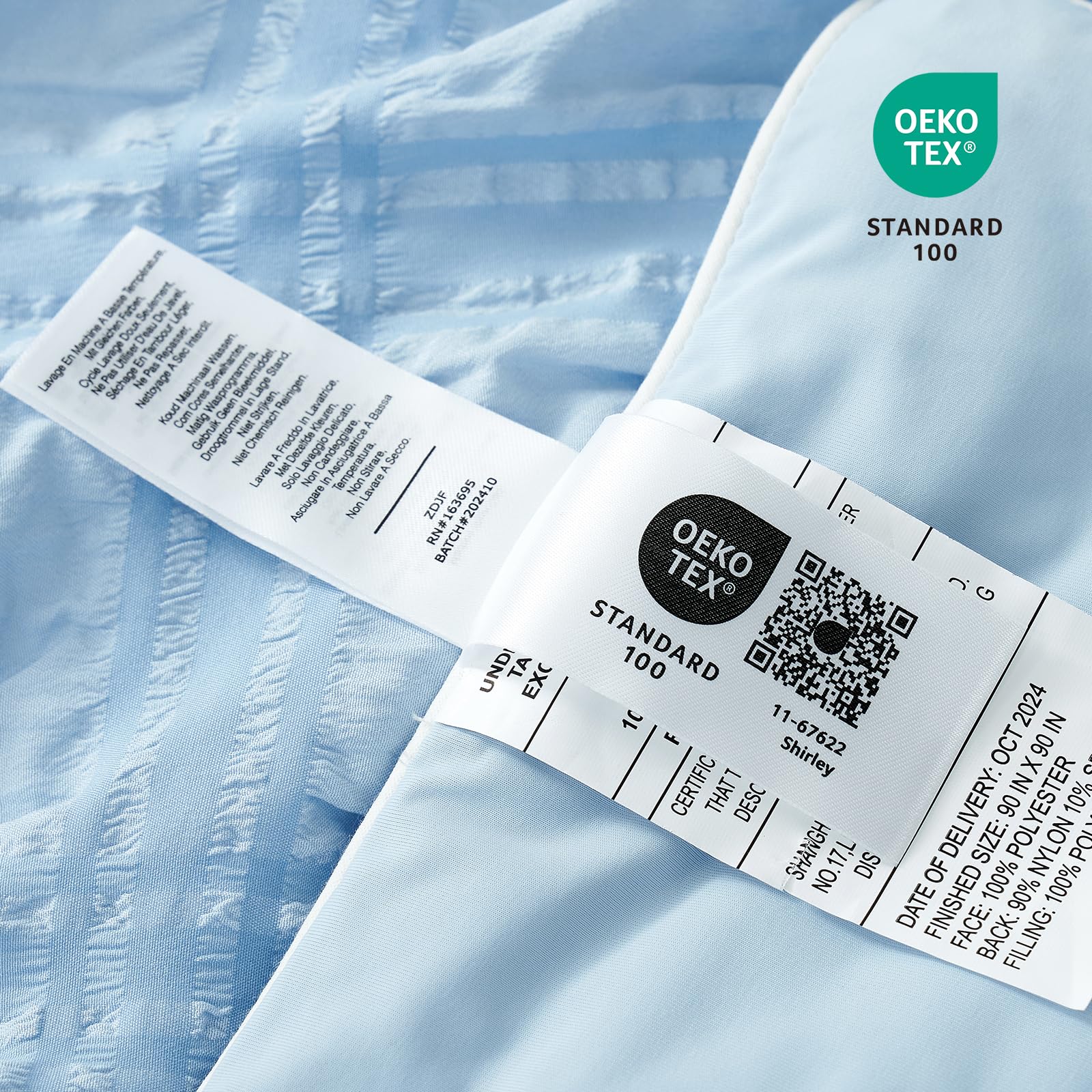 Cozy Bliss care tag close-up showing washing instructions that preserve cooling