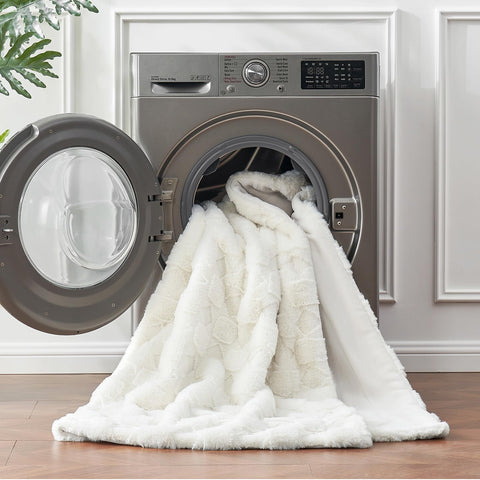 Cozy Bliss blanket on chair showing size scale and benefit: compact 50x60 coverage