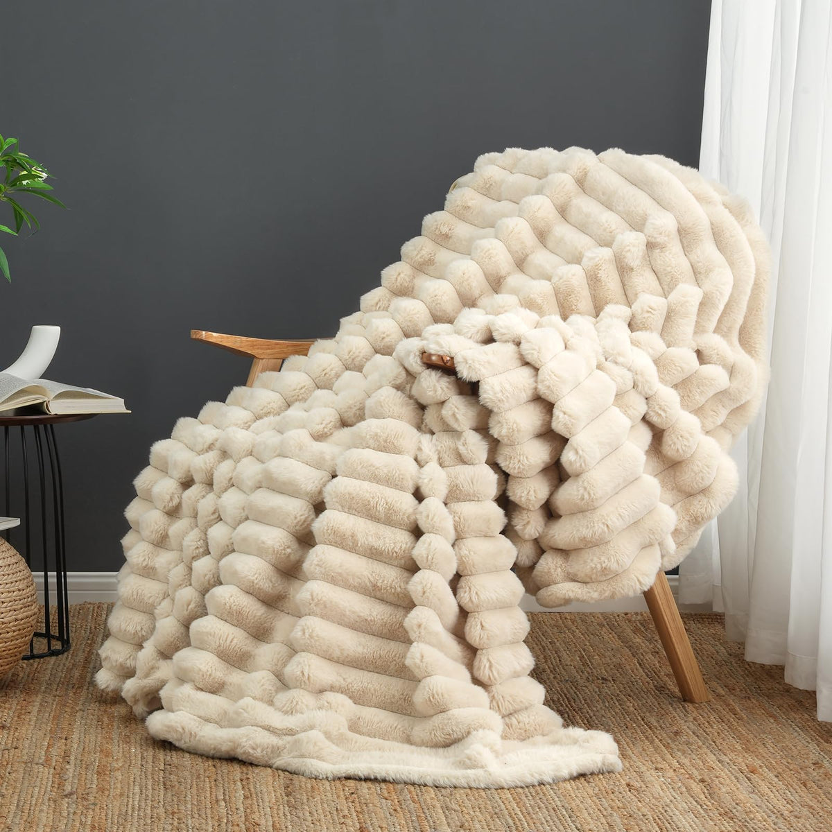 Cozy Bliss front view folded throw showing beige stripes and plush look for cozy decor