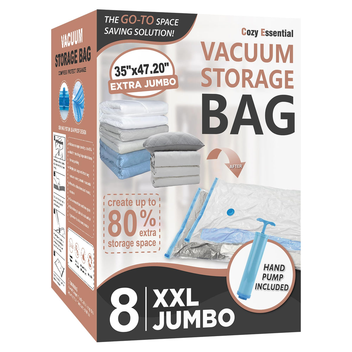 Cozy Essential front packaging showing eight XXL vacuum bags and hand pump, saves space