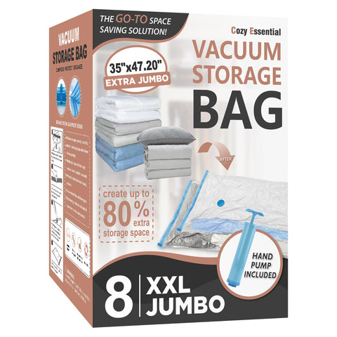 Cozy Essential front packaging showing eight XXL vacuum bags and hand pump, saves space