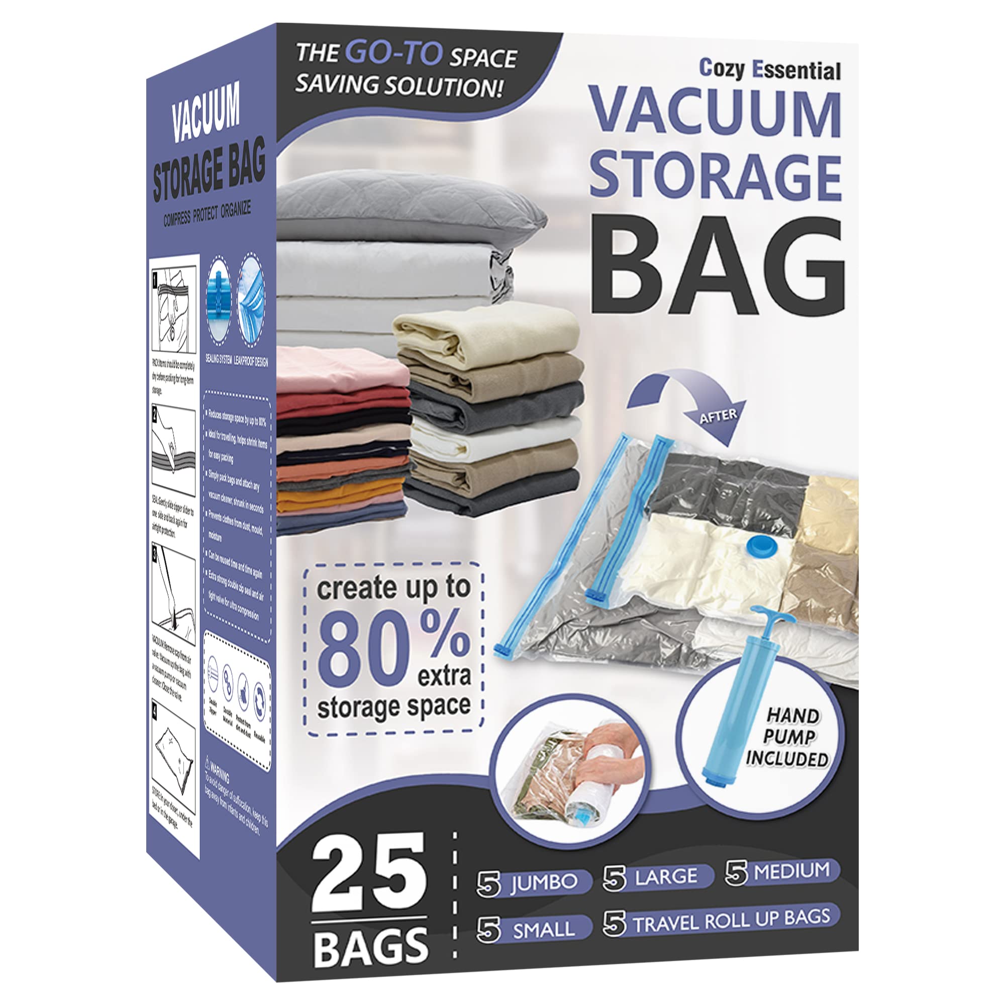 Cozy Essential front packaging showing full 25-piece combo, space saving benefit