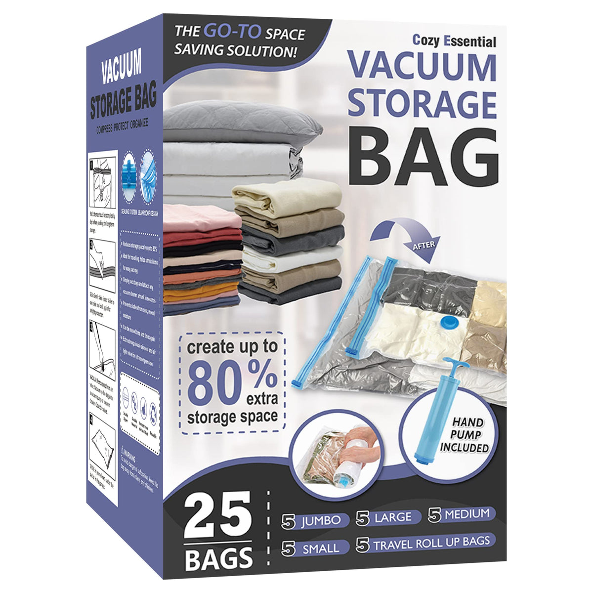 Cozy Essential front packaging showing full 25-piece combo, space saving benefit