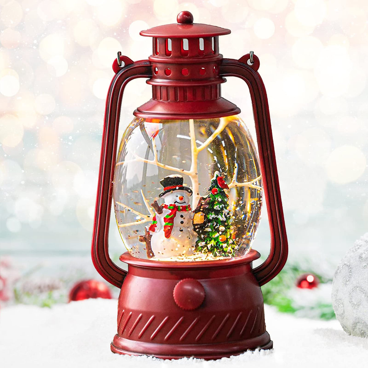 COZY-PAVILION front view red lantern glowing with festive snowman inside