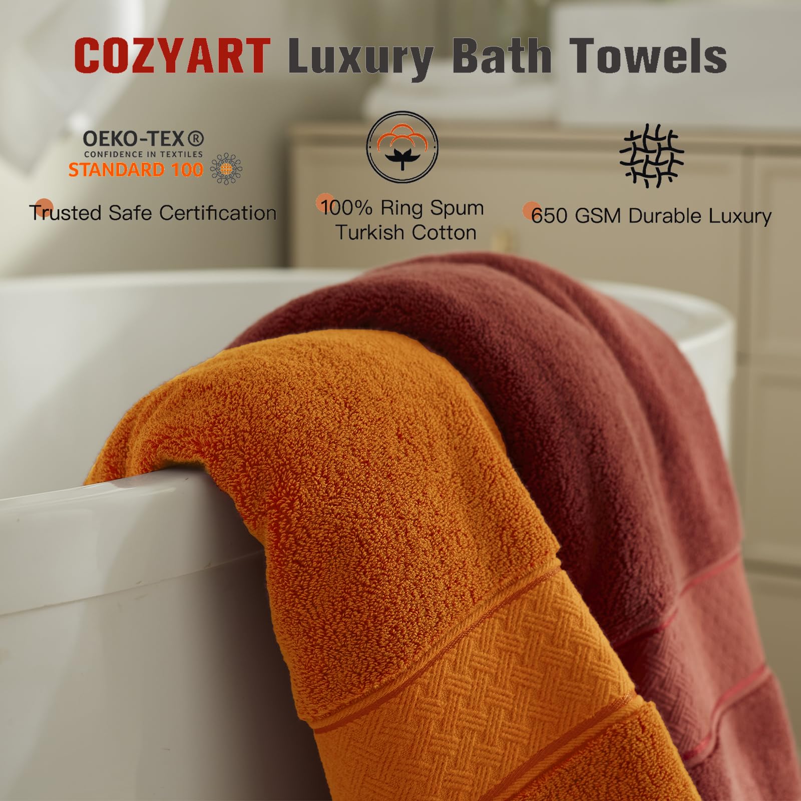 COZYART hand towel and washcloth stacked to show coordinated sizes and convenience
