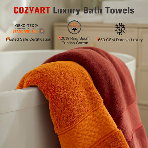 COZYART hand towel and washcloth stacked to show coordinated sizes and convenience