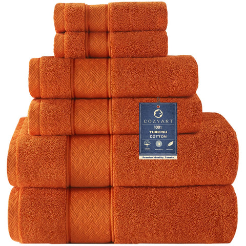 COZYART orange towel set front view showing full six-piece collection and color