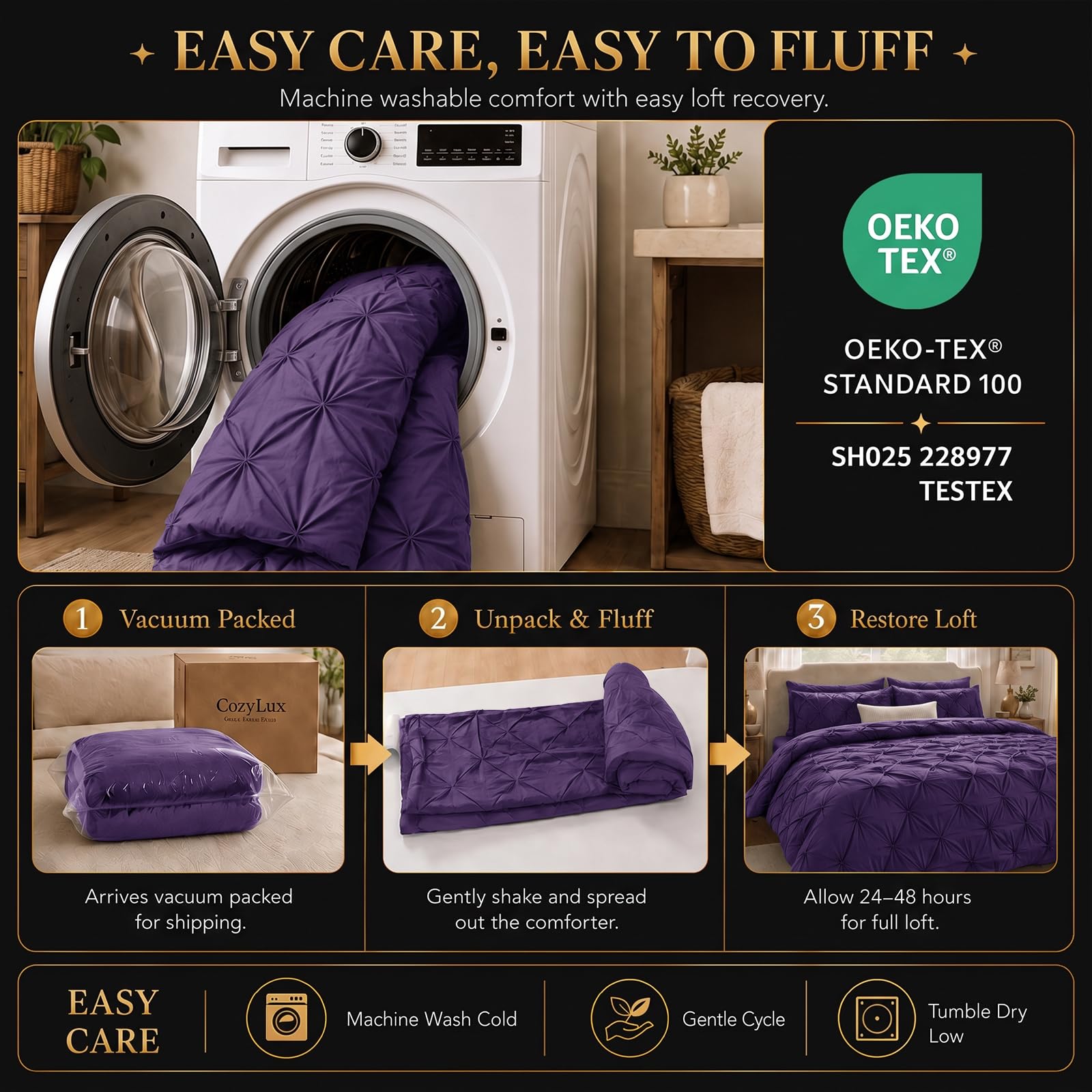 CozyLux bedroom lifestyle staged image showing purple set creating inviting atmosphere