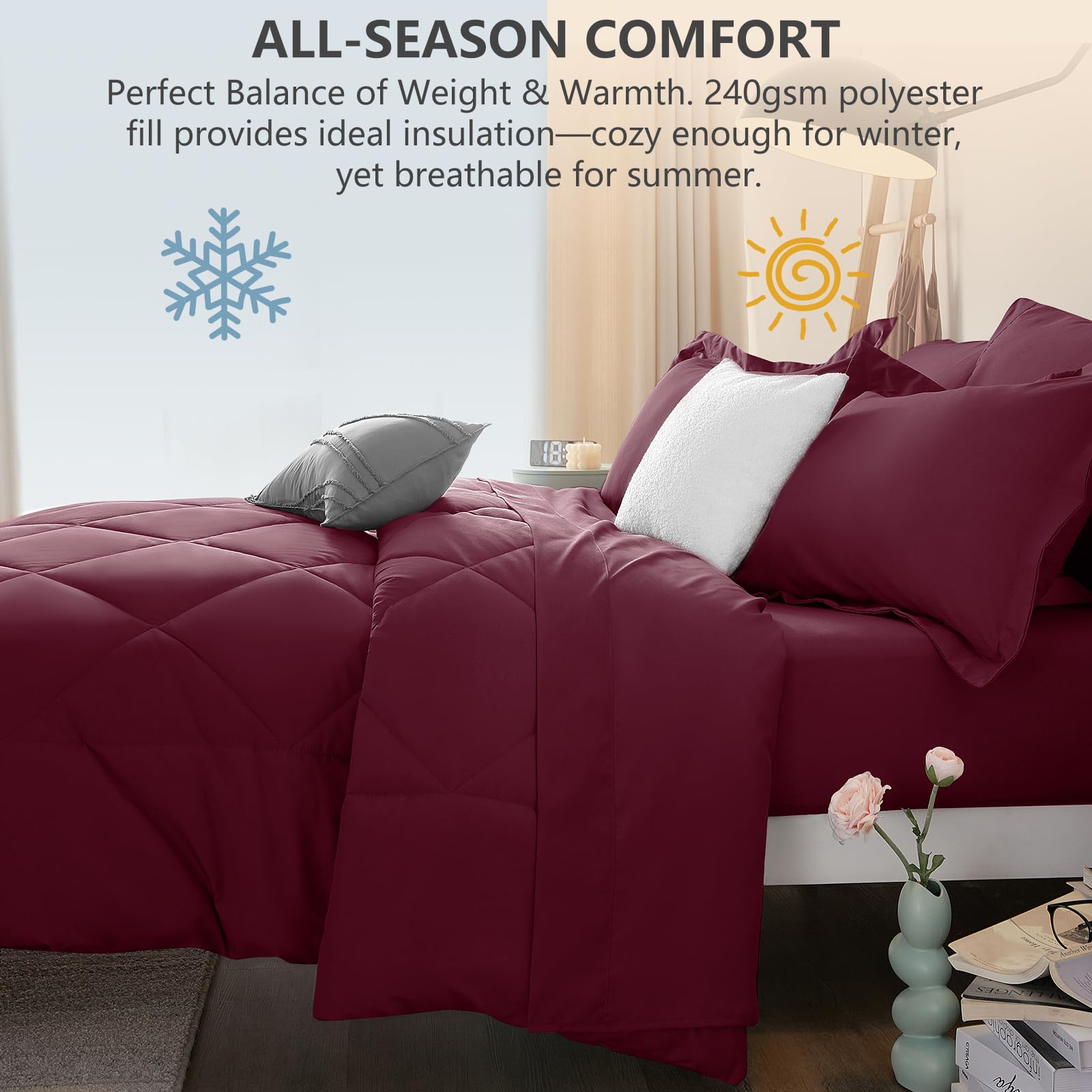 CozyLux styled bedroom scene with the burgundy set creating a warm, cohesive look