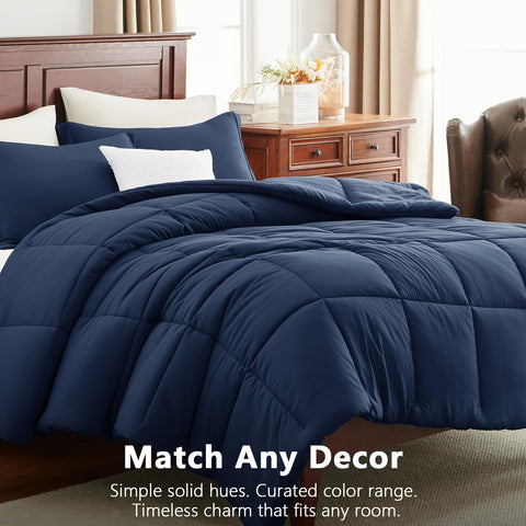 CozyLux styled bedroom shot showing navy comforter enhancing decor