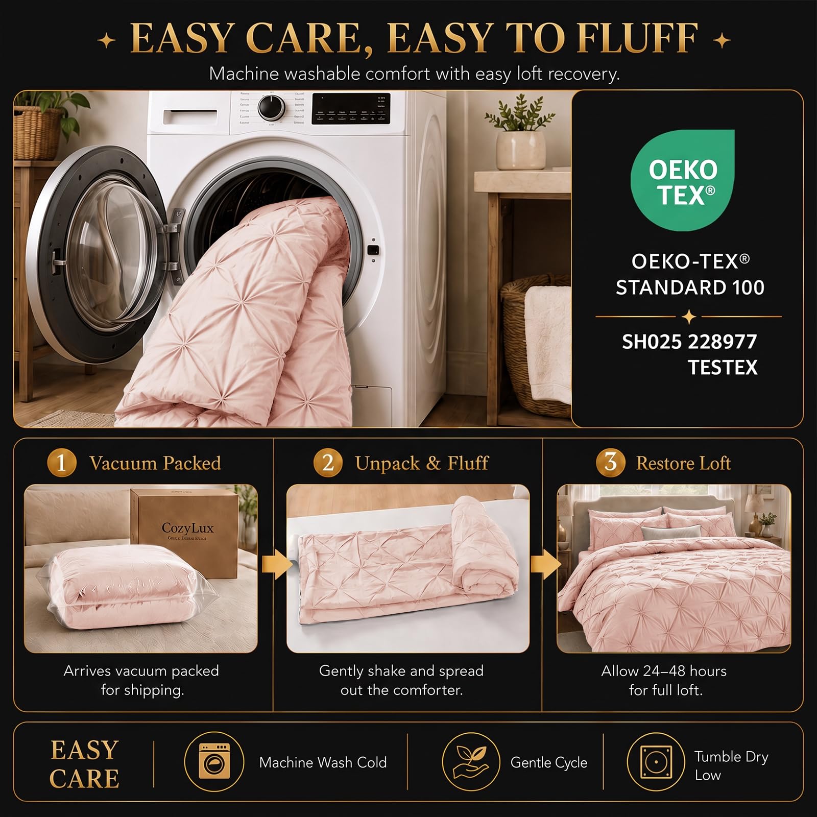 CozyLux care label and OEKO-TEX tag photographed to show certification and care info