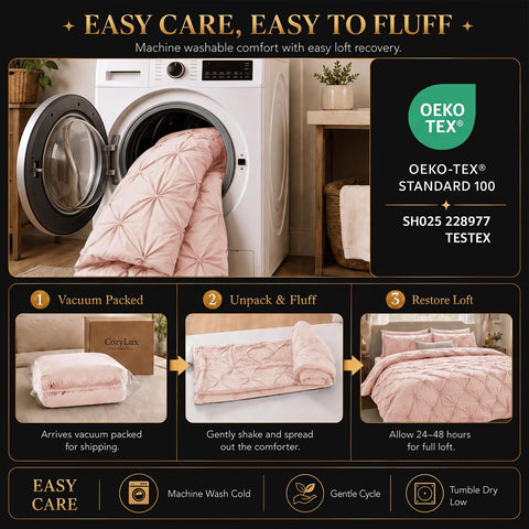 CozyLux care label and OEKO-TEX tag photographed to show certification and care info