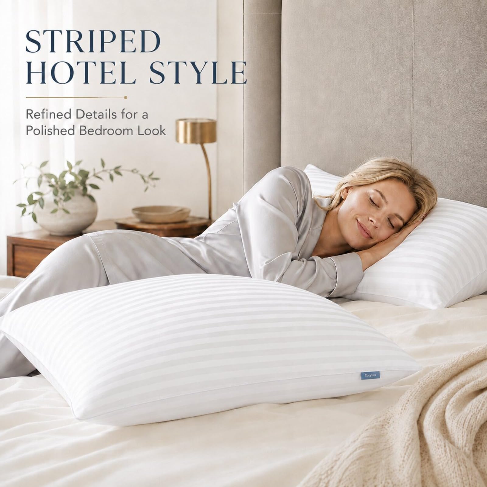 CozyLux close-up of dobby-woven stripe fabric emphasizing clean hotel-style texture