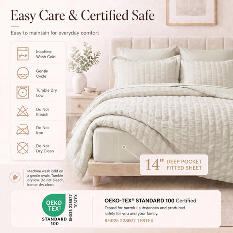 CozyLux label and material tag on comforter edge displaying OEKO-TEX Benefit: certified safe fabric