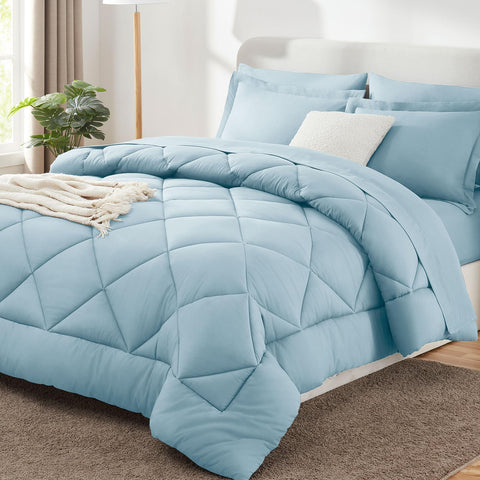 CozyLux comforter front view shows light blue finish and neat drape