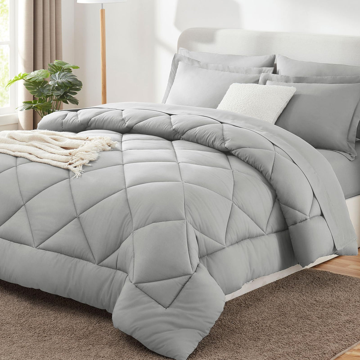 CozyLux king comforter front view showing full bed coverage and elegant light grey finish