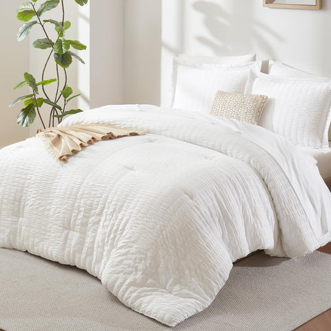 CozyLux comforter front view showing white seersucker texture and neat finish for a crisp bed look