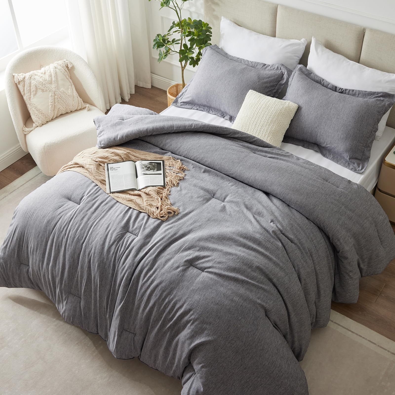 CozyLux comforter front view showing heathered grey and full coverage benefit