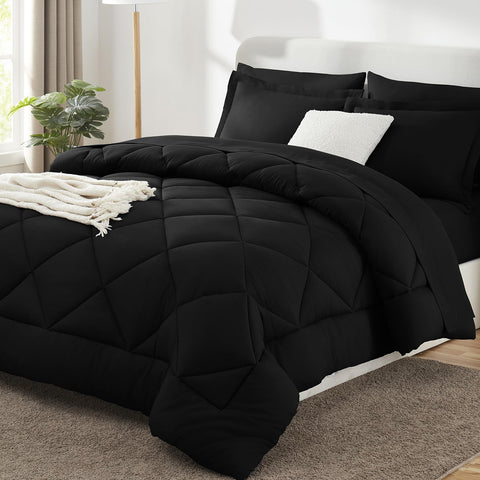 CozyLux comforter front view showing clean black finish and bedside benefit