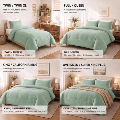 CozyLux comforter styled in a bedroom showing calm sage color ambiance