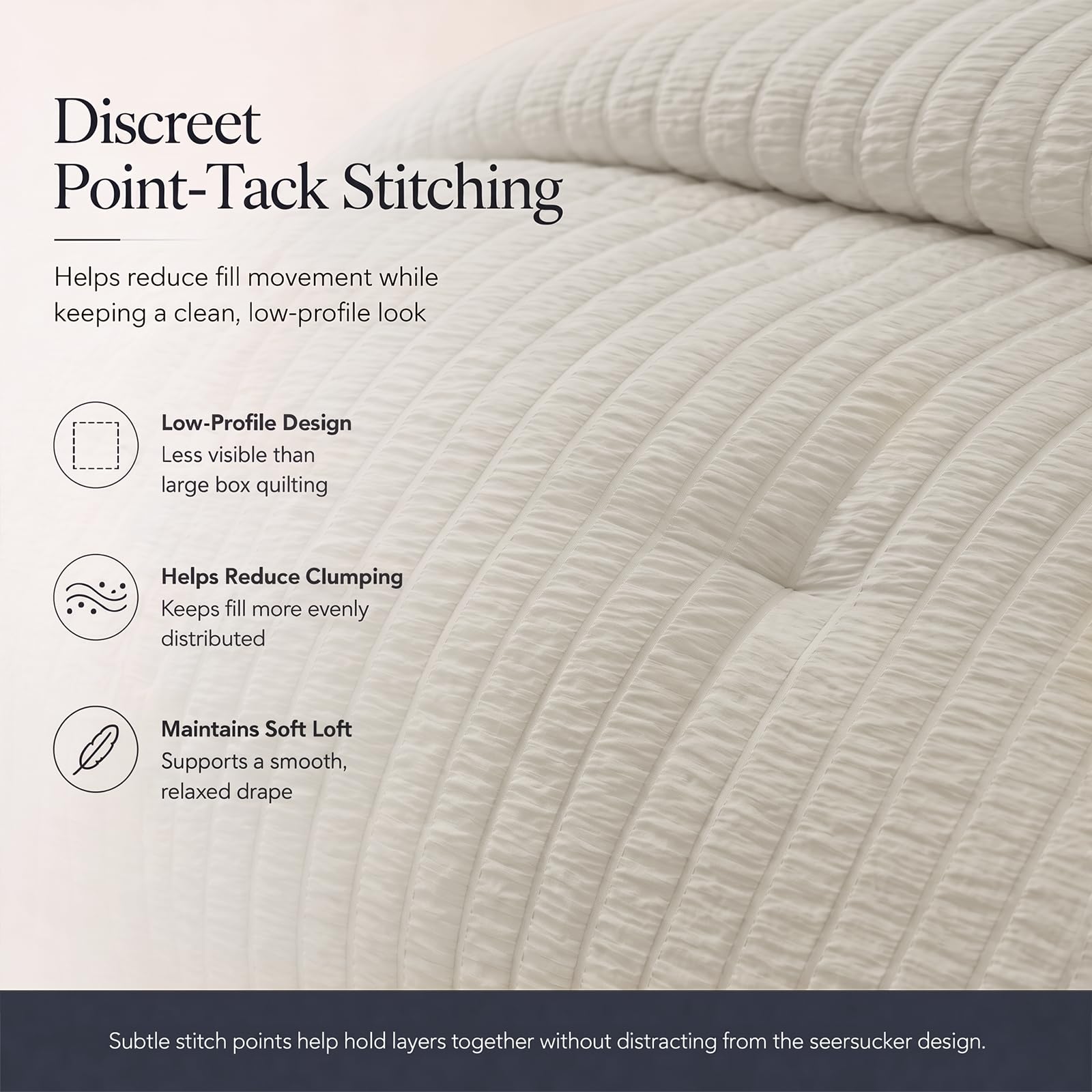 CozyLux comforter stitching close-up revealing point-tack fill distribution Benefit: reduced clumping and even loft