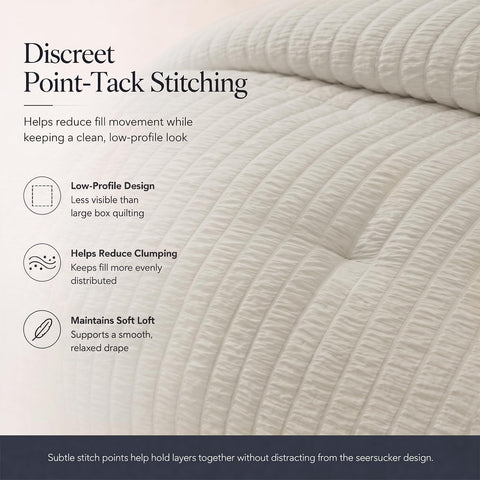 CozyLux comforter stitching close-up revealing point-tack fill distribution Benefit: reduced clumping and even loft