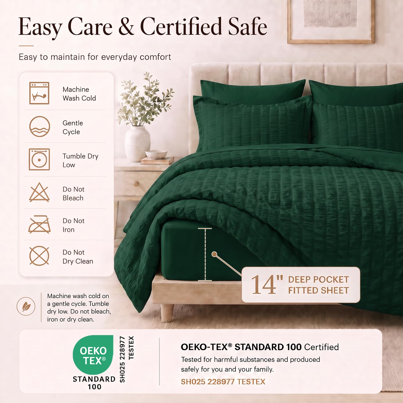 CozyLux fitted sheet corner demonstrating 14-inch deep pocket that secures mattress snugly