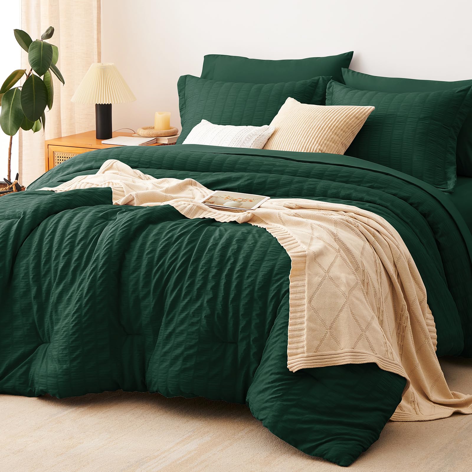 CozyLux emerald green comforter front view showing elegant seersucker texture and soft look
