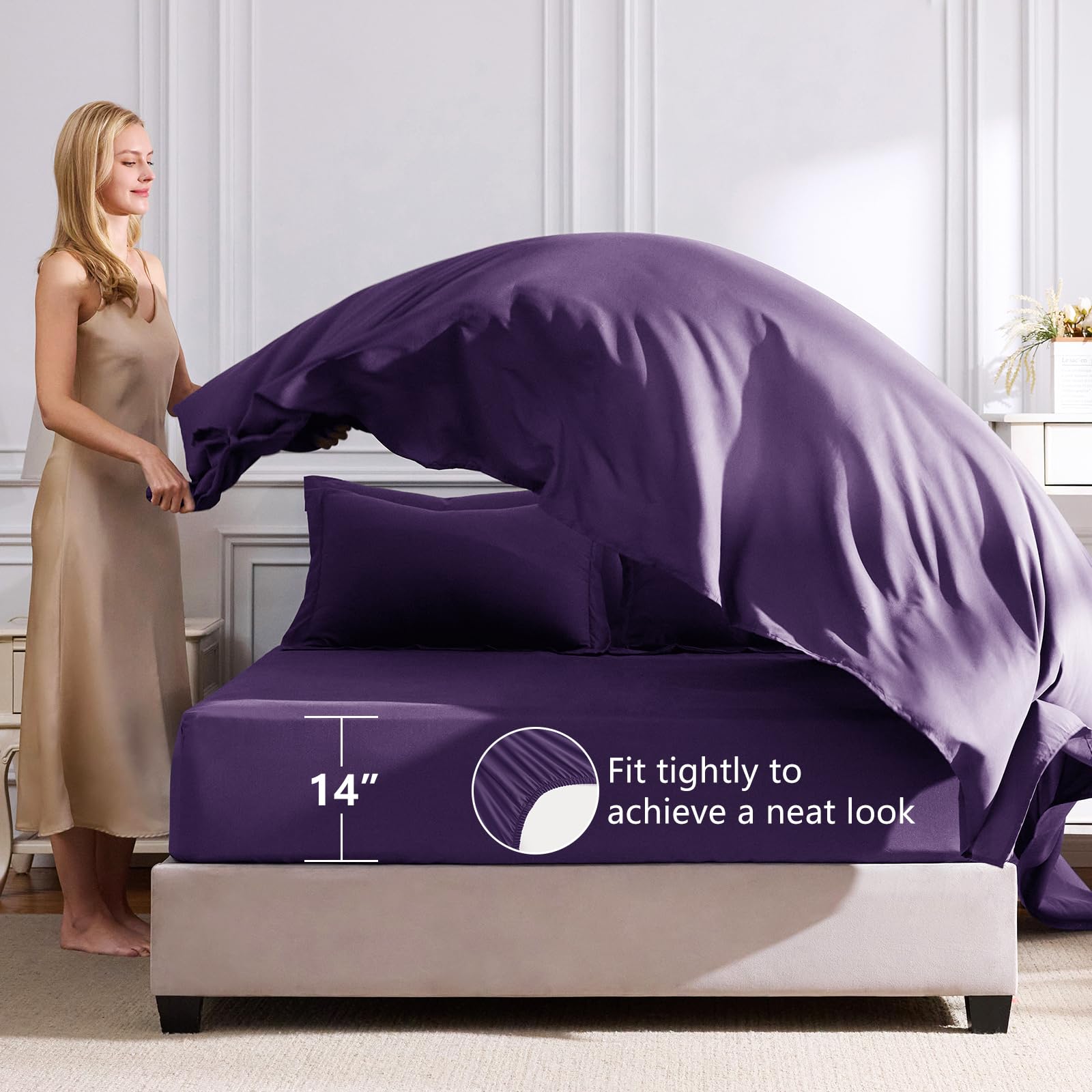 CozyLux fitted sheet demo showing 14-inch deep pocket fit for tall mattresses