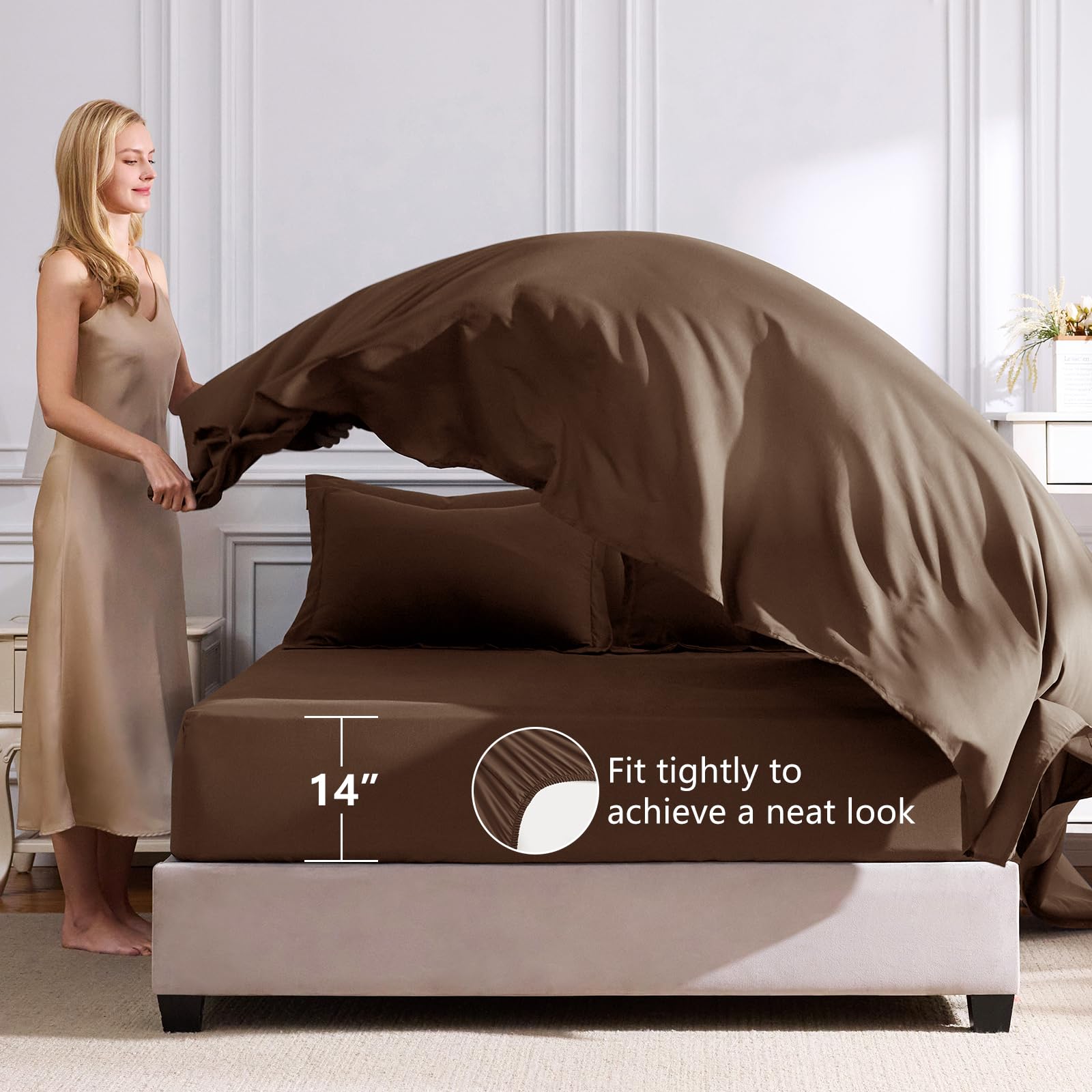 CozyLux fitted sheet on deep mattress displaying 14-inch pocket for secure fit and topper