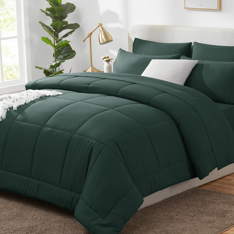 CozyLux front view of forest green queen comforter set showing finished bed