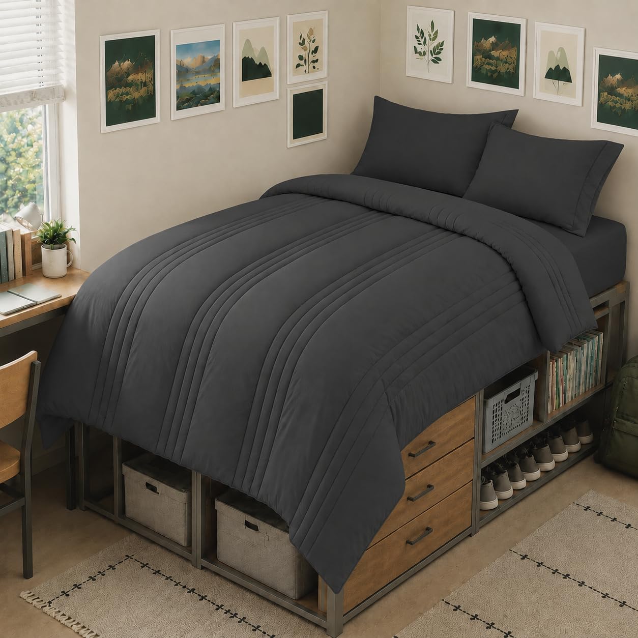 CozyLux front view of full 5-piece dark grey set showing neat coordinated bedding for easy styling