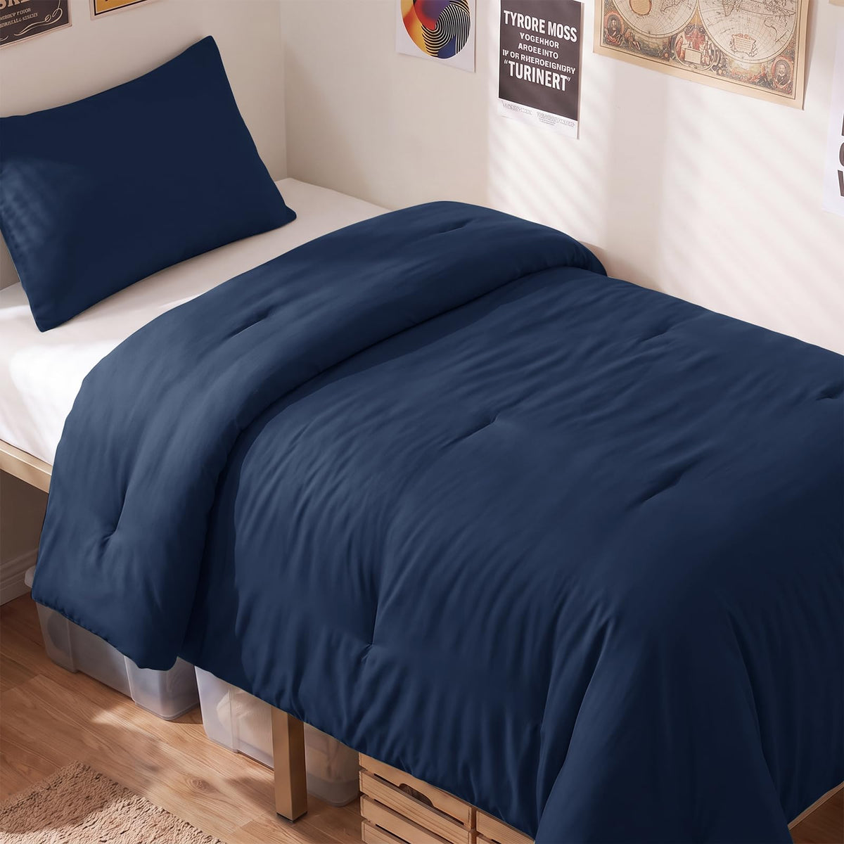 CozyLux navy comforter front view showing neat drape and tidy bed finish