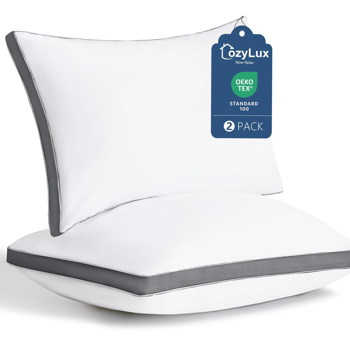CozyLux front packaging showing two queen pillows and set benefits