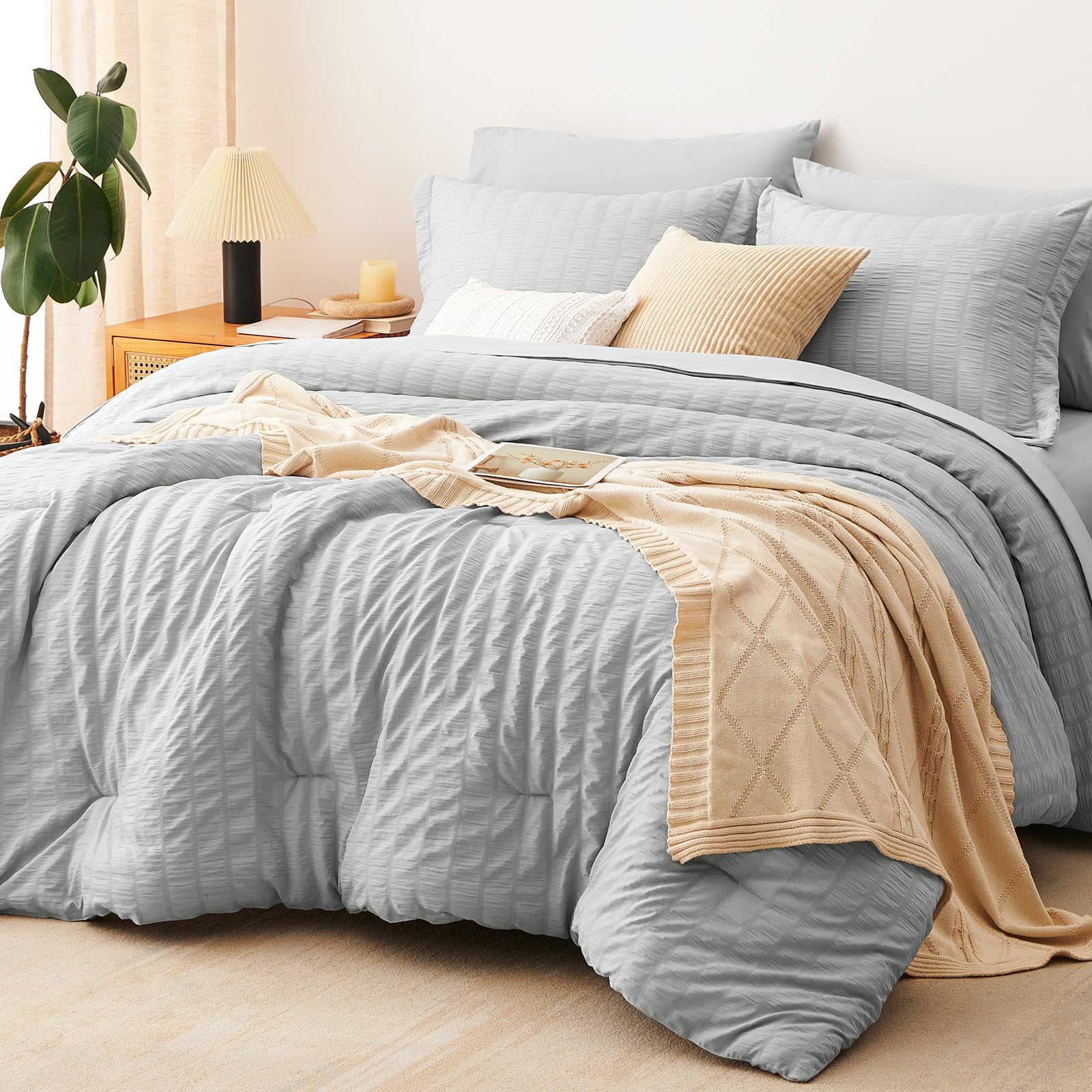 CozyLux front view of king seersucker comforter set shows polished bedroom styling