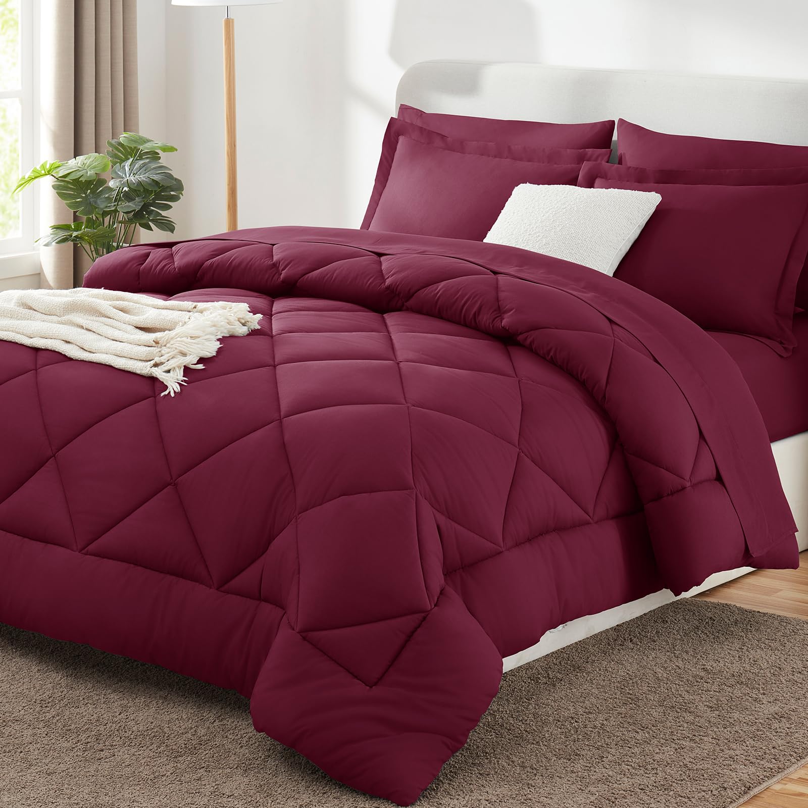 CozyLux front view of burgundy king comforter set showing full bed styling and cohesion