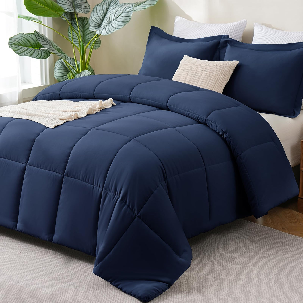 CozyLux full comforter front view showing navy color and tidy drape