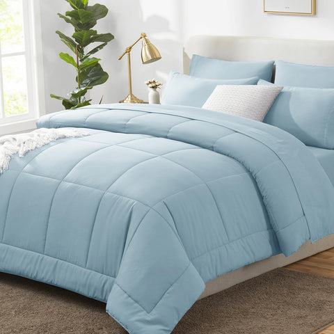 CozyLux full set front view showing coordinated light blue bedding and tidy finish